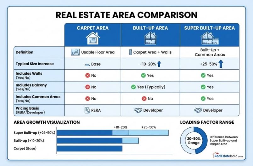 What is Carpet, Built-up, and Super Built-up Area? Complete Guide 2026
