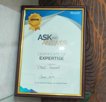 Certificate Of Expertise by 99 acres 2019 - SSB Properties- for being a expert in answering all quaries of clients wrt real estate