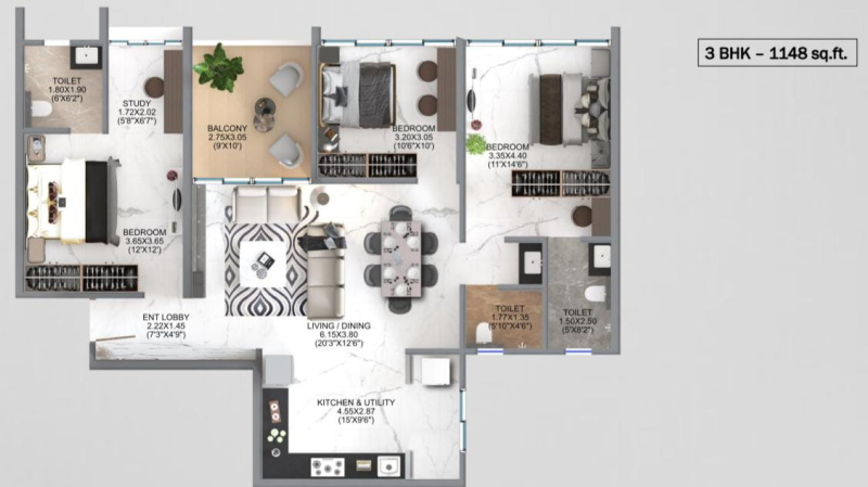 3 BHK 1148 Sq.ft. Apartment for Sale in Kharadi, Pune