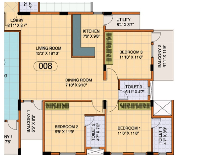3 BHK Apartment 1380 Sq.ft. for Sale in Yelahanka New Town, Bangalore