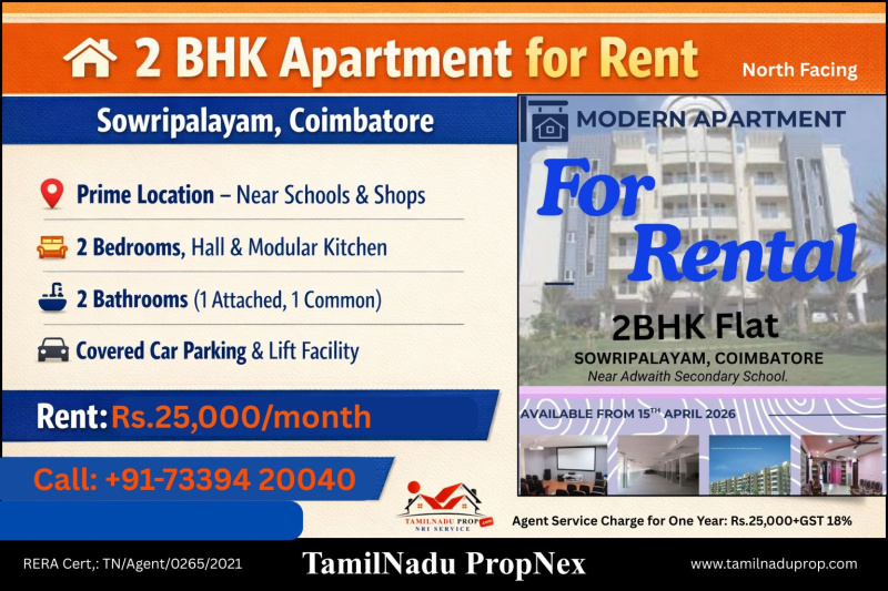 2 BHK 1070 Sq.ft. Apartment for Rent in Sowripalayam, Coimbatore