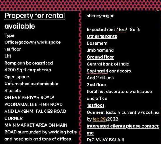  Office Space 4200 Sq.ft. for Rent in Poonamale High Road, Chennai
