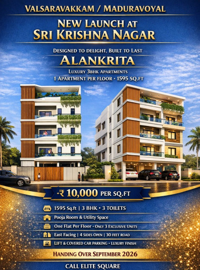 3 BHK 1595 Sq.ft. Apartment for Sale in Ashtalakshmi Nagar, Valasaravakkam, Chennai