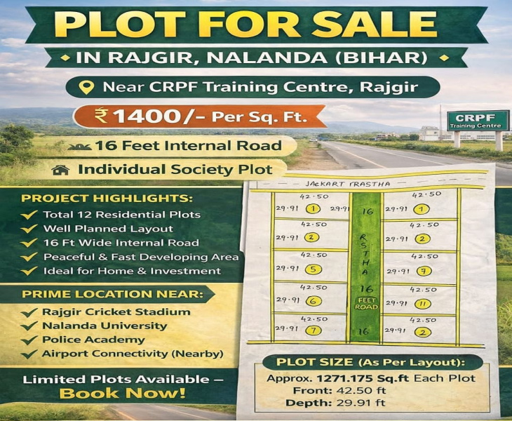  1271 Sq.ft. Commercial Land for Sale in Rajgir, Nalanda