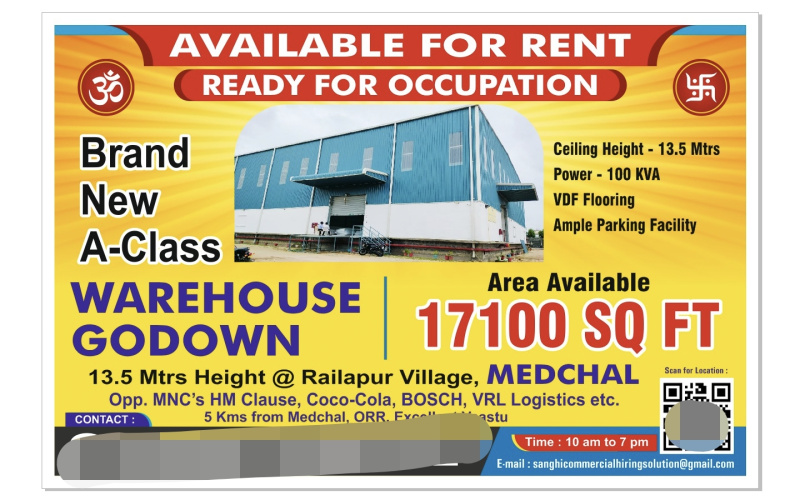  17100 Sq.ft. Warehouse for Rent in Medchal, Hyderabad