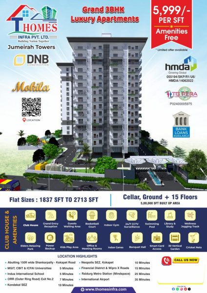 3 BHK 2550 Sq.ft. Apartment for Sale in Mokila, Hyderabad