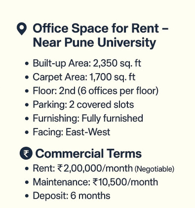  2350 Sq.ft. Office Space for Rent in University Road, Pune