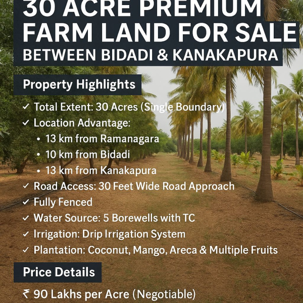 30 Acre Agricultural/Farm Land for Sale in Kanakapura, Bangalore