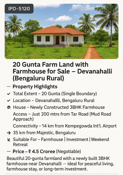  20 Guntha Agricultural/Farm Land for Sale in Devanahalli, Bangalore