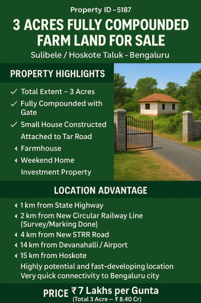  3 Acre Agricultural/Farm Land for Sale in Sulibele, Bangalore