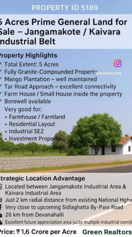  5 Acre Agricultural/Farm Land for Sale in Gowribidanur, ChikBallapur