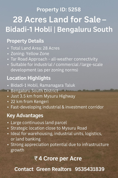  28 Acre Commercial Land for Sale in Bidadi, Bangalore