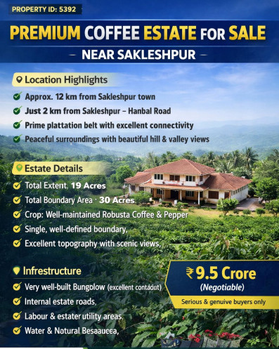  19 Acre Agricultural/Farm Land for Sale in Sakleshpur, Hassan