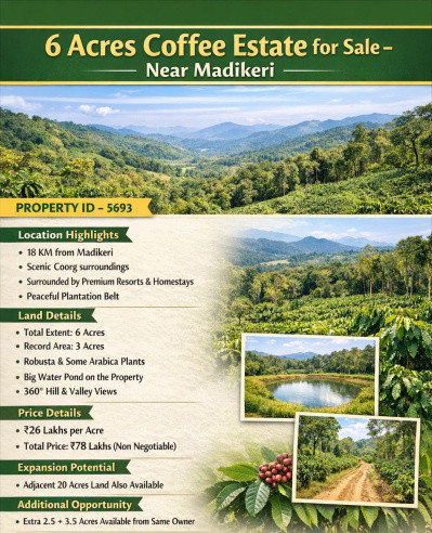  6 Acre Agricultural/Farm Land for Sale in Madikeri, Kodagu