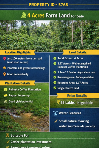  4 Acre Agricultural/Farm Land for Sale in Mudigere, Chikmagalur