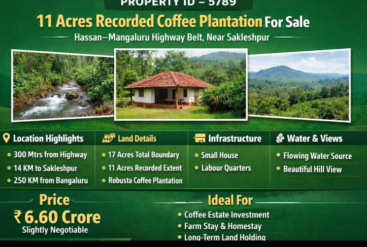  11 Acre Agricultural/Farm Land for Sale in Sakleshpur, Hassan