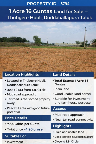  1 Acre Agricultural/Farm Land for Sale in Doddaballapur, Bangalore