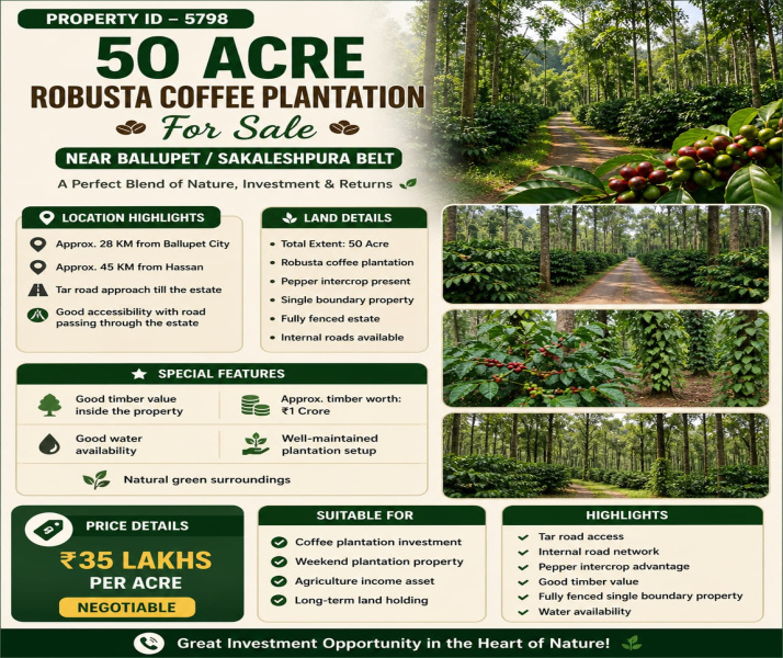  50 Acre Agricultural/Farm Land for Sale in Sakleshpur, Hassan