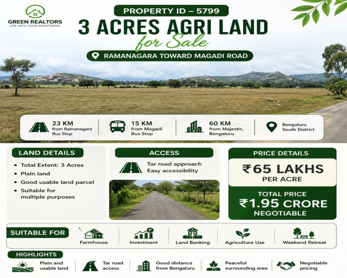  3 Acre Agricultural/Farm Land for Sale in Magadi Road, Bangalore
