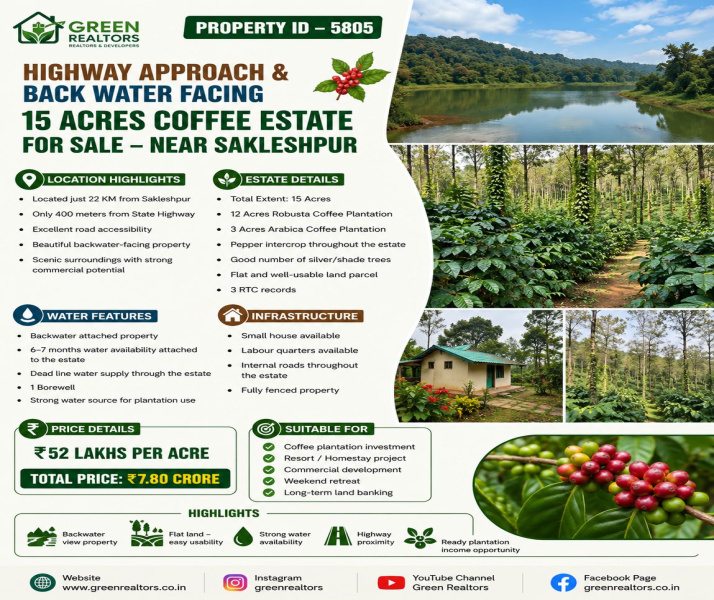  15 Acre Agricultural/Farm Land for Sale in Sakleshpur, Hassan