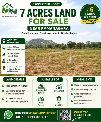  7 Acre Agricultural/Farm Land for Sale in Ramanagara, Bangalore