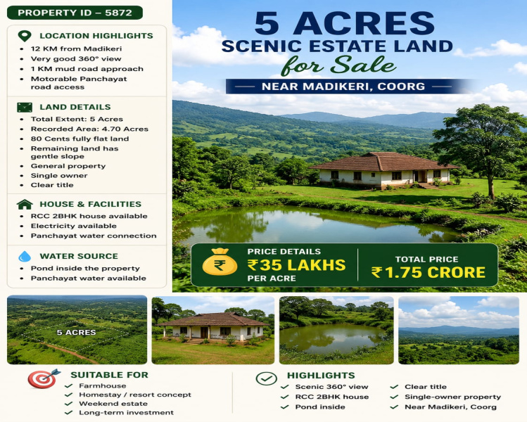  5 Acre Agricultural/Farm Land for Sale in Madikeri, Kodagu
