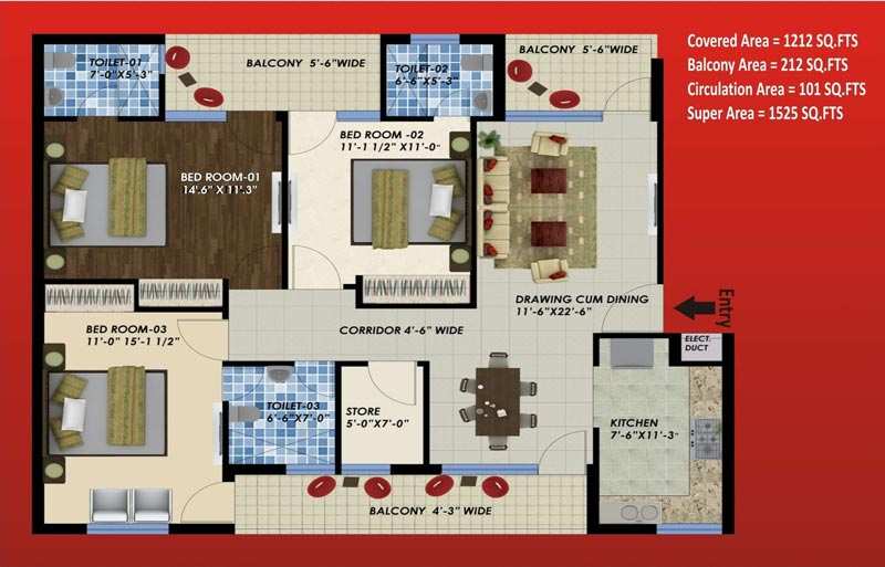 3 BHK 1212 Sq.ft. Apartment for Sale in Kharar Road, Mohali